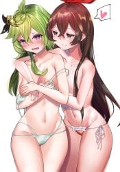 2girls amber_(genshin_impact) assertive assertive_female blush bra bra_pull bra_removed breasts brown_hair collei_(genshin_impact) envel203 female female_only flat_chest genshin_impact green_hair heart hi_res naughty_face panties red_panties shy topless underwear undressing white_bra white_panties yuri