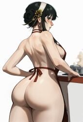 1girls ai_generated anime_styleanimedeta apron_only bottomlessbottom bunanza_ cooking from_behind housewife looking_back solo_focus spy_x_family tagme yor_briar