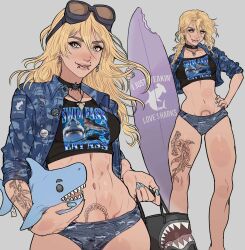 1girls athletic_female blonde blonde_hair girl_who_is_obsessed_with leg_tattoo light-skinned_female long_hair piercings plushie pubic_tattoo shark surfboard tattoo yoracrab