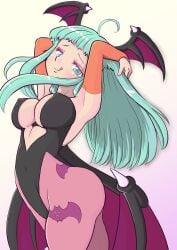 1girls armpits arms_behind_head bat_wings big_breasts breasts busty capcom cleavage covered_navel darkstalkers female female_only from_side green_eyes green_hair half-closed_eyes highres large_breasts legs licking_lips long_hair looking_at_viewer morrigan_aensland naughty_face pose posing seductive_gaze seductive_smile sensual smile solo succubus thick_thighs thighs tongue tongue_out wings