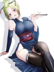 big_breasts blonde_hair blush boots facial_scar female female_only fishnet_thighhighs fishnets gintama japanese_clothes kimono kiseru komena obi pale-skinned_female pale_skin pipe scar shinyday312 side_slit single_detached_sleeve sitting smoking smoking_pipe solo thighhighs tied_hair tsukuyo