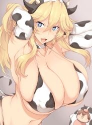 1girls bikini blonde_hair blue_eyes cow_print horns huge_breasts light-skinned_female light_skin looking_at_viewer smile tsukasawa_takamatsu