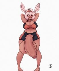 1futa :3 animal_ears balls big_breasts bunny_ears bunny_girl cleavage cleavage_overflow clothed clothing cock crop_top dark-skinned_futanari dark_skin exercise_clothing fiffer flaccid futa_only futanari hands_behind_head headband huge_balls huge_cock humanoid hyper_balls hyper_penis kemonomimi lagomorph_humanoid large_breasts orange_eyes original_character partially_clothed presenting presenting_penis smug solo standing thick_thighs white_hair wink