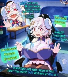 1girls big_breasts breast_expansion breasts female female_only gigantic_breasts grimmy horns huge_breasts light-skinned_female light_skin muzu_nomi red_eyes sharp_teeth shortstack skin_tight slider solo tail the_varking virtual_youtuber white_hair