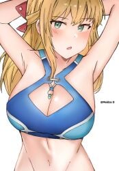 arms_up big_breasts bikini blonde_hair blush breasts cleavage fiora_(xenoblade) green_eyes meidza_d tagme xenoblade_(series) xenoblade_chronicles