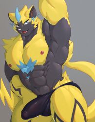 2024 abs anthro balls_outline biceps big_bulge big_muscles biped black_body black_clothing black_fur black_inner_ear black_markings black_thong black_underwear blue_body blue_eyes blue_fur blue_horn blue_markings bulge cheek_tuft chest_markings clothed clothing colored croiyan cute_fangs detailed_bulge digital_media_(artwork) facial_tuft felid front_view fur generation_7_pokemon genital_outline grey_background horn kemono leg_markings legendary_pokemon looking_at_viewer male male_anthro male_only mammal markings monotone_tail multicolored_body multicolored_fur muscular muscular_anthro muscular_male navel nintendo nipples open_mouth pecs penis_outline pink_nipples pinup pokemon pokemon_(species) pokemorph portrait pose pupils quads shaded simple_background solo standing striped_body striped_fur stripes tail thong three-quarter_portrait three-quarter_view tight_clothing tight_underwear tongue topless topless_anthro topless_male tuft underwear underwear_only white_nose yellow_body yellow_ears yellow_fur yellow_tail zeraora