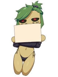 black_sclera chibi confusedsabron crop_top dungeons_and_dragons green_hair hoodie scales sticker thong yuan-ti zhutu