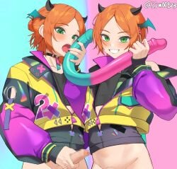 2boys 2femboys 2wink_(ensemble_stars!) aoi_hinata aoi_hinata_(ensemble_stars) aoi_yuta artist_name black_choker black_horns black_nails blue_background blush bottomless brothers censored choker commentary dildo double_dildo ensemble_stars! erection fellatio femboy foreskin g1_(artist) green_eyes grin handjob holding holding_sex_toy horns incest jacket licking licking_dildo long_sleeves male male_focus male_masturbation male_only masturbation matching_outfits mosaic_censoring multicolored_clothes multicolored_jacket multiple_boys nail_polish oral orange_hair paid_reward_available parted_bangs penis pink_background pink_nails purple_jacket sex_toy siblings simulated_fellatio sleeves_past_wrists smile standing tongue tongue_out twins twitter_username two-tone_background upper_body yaoi yellow_jacket