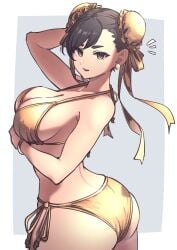 1girls ap_cammy asian asian_female ass big_breasts bikini brown_hair chun-li ear_piercing earrings gold_(metal) gold_bikini golden_bikini hair_bun hair_ornament looking_at_viewer open_mouth side-tie_bikini sideboob solo street_fighter swimwear white_background yellow_eyes