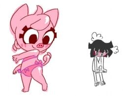 1boy 1boy1girl 2016 bikini black_hair bulge bulge_through_clothing domestic_pig female male mina_(gaturo) minus8 minus8_(character) pig pig_girl the_poroto678