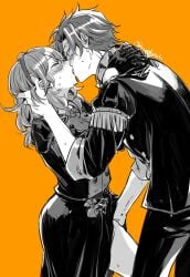 1boy 1girls bachi_(bachoo) blush byleth_(female)_(fire_emblem) byleth_(fire_emblem) female fire_emblem fire_emblem:_three_houses french_kiss garreg_mach_monastery_uniform groping hairband hand_on_another's_head hand_on_another's_thigh jacket kissing long_sleeves orange_background pants short_hair simple_background straight sweat sylvain_jose_gautier twitter_username