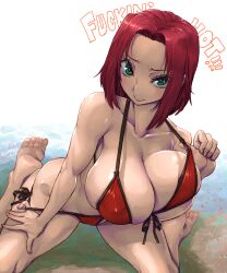 amania_orz bare_shoulders bikini bikini_pull blush breasts cleavage clothes_pull code_geass female green_eyes highres kallen_stadtfeld kneeling large_breasts looking_at_viewer navel red_bikini red_hair shiny shiny_hair shiny_skin short_hair side-tie_bikini skindentation smile solo swimsuit