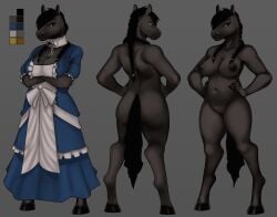 absurd_res anthro aries_(ayx) black_body black_fur black_hair blue_clothing braided_hair braided_pigtails braided_ponytail clothed clothing dress equid equine female fur hair hand_on_hip hi_res hooves horse mammal model_sheet ponytail solo woolrool