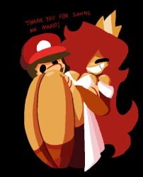 arcaned_roses big_breasts black_background long_legs mario mario_(series) nintendo princess_peach princess_peach_sprite_redraw_(meme) princess_toadstool red_hair roses_arcaned super_mario_bros._(nes) tagme