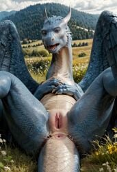 2024 ai_generated anus blue_body carnivalecloudmuncher dragon eragon female female_only feral flowers furry grass horn horns hyperrealistic inheritance_cycle looking_at_viewer nude on_back open_mouth photorealism photorealistic pussy realism realistic reptile saphira scalie self_upload solo tagme tail wings