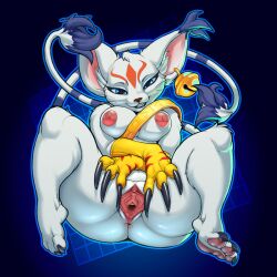 1:1 2022 anthro anus areola bandai_namco blue_eyes breasts claws digimon digimon_(species) digital_media_(artwork) ear_piercing ear_ring eyelashes female gatomon gatomon_x genitals hi_res inner_ear_fluff looking_at_viewer markings nipples nude pawpads piercing pink_pawpads pussy ring_piercing smile solo spread_pussy spreading striped_markings striped_tail stripes tail_markings tailmon tailmon_x toe_claws tuft tyelle_niko whiskers x_antibody