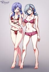 2girls artist_name ashe_ubert ass_visible_through_thighs bare_legs bare_shoulders barefoot bra breasts collarbone dated earrings eyeshadow female female_only fire_emblem fire_emblem:_three_houses freckles genderswap_(mtf) green_eyes grey_background grey_hair hand_on_shoulder legs looking_at_another makeup medium_breasts medium_hair minacream multiple_girls nail_polish nintendo panties ponytail purple_eyes purple_hair purple_nails purple_panties red_panties rule_63 shoulders small_breasts smile underboob underwear yuri yuri_leclerc