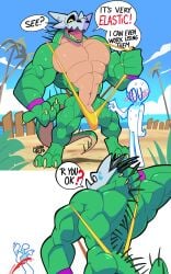 1boy 1male anthro ass bara beach cationalfa furry himbo male mankini pecs penis penis_peek reptile reptile_humanoid sling_bikini swimsuit tagme