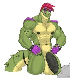 abs alligator alligatorid anthro balls biceps big_balls big_penis claws crocodilian five_nights_at_freddy's five_nights_at_freddy's:_security_breach genitals green_body green_scales hair hi_res humanoid_genitalia humanoid_penis male mammal mohawk montgomery_gator_(fnaf) muscular muscular_anthro muscular_male nipples nude pecs penis red_hair reptile scales scalie scottgames simple_background solo steel_wool_studios tail teeth vexedlupine