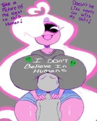 alien_girl anodite anon big_breasts breasts_on_head dialogue fully_clothed funny_shirt glowing_hair green_aliens hands_on_shoulders happy long_hair moonraige oc one_eye_covered original_character pink_skin xatie_(moonraige)