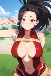 ai_generated asian asian_female bare_legs black_eyes black_hair blush boku_no_hero_academia gigantic_breasts hero_outfit_(mha) huge_breasts huge_thighs light-skinned_female light_skin looking_at_viewer massive_breasts momo_yaoyorozu my_hero_academia peace_sign ponytail shounen_jump solo_female squatting sweat sweatdrop thick_body thick_female thick_thighs thighs voluptuous voluptuous_female