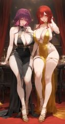 2girls ai_generated bangs bare_arms bare_legs bare_shoulders black_dress blush bottle bracelet breasts china_dress chinese_clothes cleavage clothing curtains curvaceous curvaceous_female curvaceous_figure curvy curvy_figure dress earrings feet female female_focus foe_(artist) footwear gold_footwear hair_between_eyes halterneck hand_in_own_hair high_heels himeko_(honkai:_star_rail) honkai:_star_rail huge_breasts indoors inviting jewelry kafka_(honkai:_star_rail) large_breasts legs legwear lipgloss lips lipstick long_hair looking_at_viewer makeup mole mole_on_breast mole_under_eye multiple_girls nail_polish navel no_bra open_mouth parted_lips pelvic_curtain purple_eyes purple_hair red_eyes red_hair red_lips red_nails seductive seductive_look seductive_smile shoes side_slit sideboob sidelocks sitting skindentation sleeveless sleeveless_dress smile strappy_heels table thick_thighs thigh_strap thighs tied_hair toenail_polish toenails toes voluptuous voluptuous_female yellow_dress