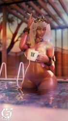 3d breasts breasts_out cigarette dark-skinned_female dark_skin female female_focus female_only holding_object league_of_legends looking_at_viewer nude nude_female otaviox6 pool qiyana_yunalai riot_games smoking solo_female solo_focus tanline tanned water white_hair yellow_eyes