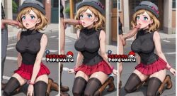 ai_generated black_stockings blue_eyes boots brown_hair game_freak hat large_penis miniskirt multiple_images nintendo penis penis_in_mouth penis_lick penis_on_face saliva_trail serena_(pokemon) thighhighs thighs turtleneck