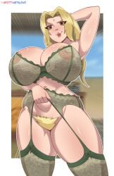 areolae arms_behind_head blonde_hair exposed_pussy hairy_pussy hi_res huge_breasts lingerie mature_female naruto_(classic) naruto_(series) naruto_shippuden pinup red_lipstick see-through see-through_bra spotty_arts tsunade uncensored