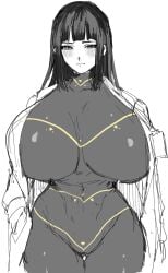 black_hair blush cesara_(limbus_company) fit_female huge_breasts limbus_company skin_tight skinsuit smile thick_thighs