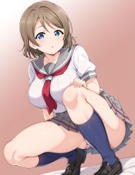 1girls ai_generated blue_eyes brown_hair female love_live! love_live!_sunshine!! necktie school_uniform serafuku thighs watanabe_you