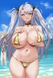 2girls admiral_hipper_(azur_lane) alternate_costume anchor_choker antenna_hair areola_slip azur_lane beach bikini black_choker choker covered_erect_nipples cowboy_shot everydayangel gold_bikini grabbing_own_breast grey_hair hand_on_own_chest iron_blood_(azur_lane) large_areolae licking_lips light-skinned_female light_skin long_hair looking_at_viewer multicolored_hair multiple_girls navel official_alternate_costume prinz_eugen_(azur_lane) red_hair smile streaked_hair swimsuit tongue tongue_out two_side_up