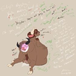 anal anal_vore ass balls belly big_belly bovid bovine bulge cattle devin_(fffox) digestion genitals hi_res horn huge_belly hunner kasakir_(rainbowdash1x) male male_pred mammal onomatopoeia organs pecs penis sound_effects stomach struggle_bumps struggling stuffing text vore