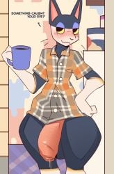 absurd_res animal_crossing anthro asking_viewer balls bedroom_eyes beverage big_balls big_penis black_body black_fur blush bodily_fluids bottom_heavy bottomless clothed clothing coffee coffee_mug container cup dialogue digital_media_(artwork) domestic_cat dripping english_text felid feline felis flannel_shirt fur genital_fluids genitals gloves_(marking) hand_on_hip hi_res holding_container holding_cup holding_mug holding_object huge_balls huge_cock leg_markings male mammal markings mug narrowed_eyes nepentz nintendo penis precum precum_drip punchy_(animal_crossing) seductive shirt shirt_only smile socks_(marking) solo talking_to_viewer text thick_thighs topwear topwear_only wide_hips yellow_sclera