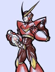 1boy ahe_gao android bara big_dick black_bodysuit blue_eyes capcom cum_dripping fleshlight gay heart male male_focus male_only mature_male mega_man mega_man(classic) mega_man_2 no_humans quick_man quickmanfucker red_armor robot robot_penis standing_up