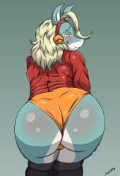 1female anthro ass ass_focus big_ass blonde_hair blonde_hair bubble_butt chutte dat_ass elnats95 fat_ass fluffy_ears fur green_body hybrid ippan_josei looking_at_viewer mature mature_body my_hero_academia orange_panties panties pupils simple_background thick_thighs white_fur