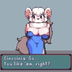 anthro big_breasts boltsyuls breasts cincci_(lucyfercomic) cinccino cleavage english english_dialogue english_text female fluffy furry huge_breasts mammal_humanoid nipples pokemon pokemon_(species) tagme text_box thick_thighs wide_hips