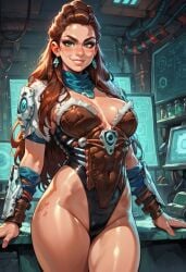 1girls ai_generated aloy armor big_breasts black_thong breasts civitai earrings eyeliner female freckles green_eyes highleg highleg_leotard horizon_forbidden_west horizon_zero_dawn leotard light-skinned_female light_skin long_hair orange_hair panviewai panviewai pinup red_hair scarf thong tribal tribal_clothing