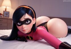 1girls ai_generated ass ass_bigger_than_head ass_visible_from_the_front bedroom black_hair bodysuit gloves hairband huge_ass leotard long_hair lying_on_bed lying_on_stomach mask masked minomixai pixar purple_eyes selfie skin_tight solo solo_focus superhero superheroine the_incredibles thick_thighs thigh_boots thighhighs thighs tight_clothing violet_parr