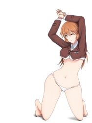 1girls arms_up charlotte_e_yeager feet isosceles_triangle_(xyzxyzxyz) long_hair orange_hair panties strike_witches white_panties wink world_witches_series