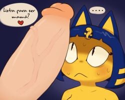 ... 1boy 1girls :&lt; animal_crossing ankha ankha_(animal_crossing) anthro big_penis blue_hair blush bodily_fluids domestic_cat duo egyptian erection felid feline felis female fur genitals hair heart huge_cock human imminent_impregnation imminent_sex interspecies intimidation looking_at_genitalia looking_at_penis male male/female mammal nintendo nude penis simple_background spanish_text sweat yellow_body zlut385