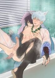 2boys anal_sex bathroom bathtub bead_necklace blush bridal_gauntlets cloaca ear_fins erection eye_patch fox_boy fox_ears gay gintama gintoki_sakata hair_over_one_eye japanese_clothes kimono kitsune male male_only merfolk merman not_responding official_alternate_costume pec_grasp pecs penis sharp_claws sharp_fingernails takasugi_shinsuke uncensored yaoi youkai