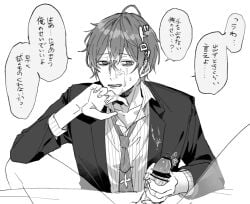 after_handjob bags_under_eyes censored collarbone collared_shirt crossed_bangs cum cum_on_clothes cum_on_hair cum_on_male diagonal-striped_clothes diagonal-striped_necktie facial furrowed_brow hair_between_eyes handjob hypnosis_mic invisible_man jacket kannonzaka_doppo leaning_forward licking_lips looking_to_the_side loose_necktie male_focus messy_hair monochrome necktie open_clothes open_jacket parted_lips pov salaryman scribble_censor shirt short_hair sound_effects striped_clothes striped_shirt suit_jacket tie_clip tongue tongue_out translation_request upper_body vertical-striped_clothes vertical-striped_shirt wata_i white_background wiping_mouth yaoi