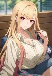 ai_generated arm_band bench big_breasts blonde_female blonde_hair breasts colored_hair jeans kitagawa_marin long_hair looking_at_viewer necklace pink_eyes shorts sitting slimetenshi sono_bisque_doll_wa_koi_wo_suru