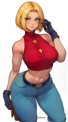 1girls ai_generated belt big_breasts big_butt blonde_hair blue_eyes blue_mary female gloves jeans king_of_fighters legs light-skinned_female light_skin red_tank_top short_hair tank_top thick_thighs thighs toned_female voluptuous voluptuous_female wide_hips