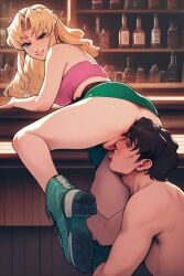 ai_generated ass ass_focus bar_(place) bar_counter bar_stool black_lagoon blonde_hair blue_eyes cunnilingus dominant_female eda_(black_lagoon) green_skirt looking_at_viewer pink_topwear pussy seductive_look submissive_male