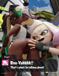 3d ass bubble_butt cybrokrimson dark-skinned_female dark_skin female female_only hands_on_ass light-skinned_female light_skin marina_(octo_expansion) marina_(splatoon) off_the_hook_(splatoon) pearl_(splatoon) splatoon text_box yuri