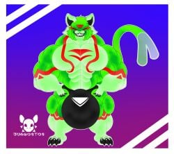 4_ears abs anthro balls big_balls big_tail bulge claws clothed clothing demigod genitals green_body hi_res huhu jdbo-arts jhonyl male male/male marks_on_body multi_ear muscular pecs red_mark sharp_teeth smile solo tail teeth underwear