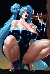 ai_generated big_penis black_lipstick black_penis blue_hair handjob high_heels league_of_legends makeup milf nail_polish nikolgreen sona_buvelle squatting stable_diffusion stiletto_heels very_high_heels