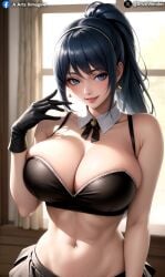 1girls ai_generated big_breasts blue_eyes blue_hair bowtie bra breasts earrings female gloves huge_breasts indoor indoors king_of_fighters leona_heidern light-skinned_female light_skin long_hair looking_down showing_off skirt smile smiley_face smiling tied_hair toned toned_female voluptuous voluptuous_female window